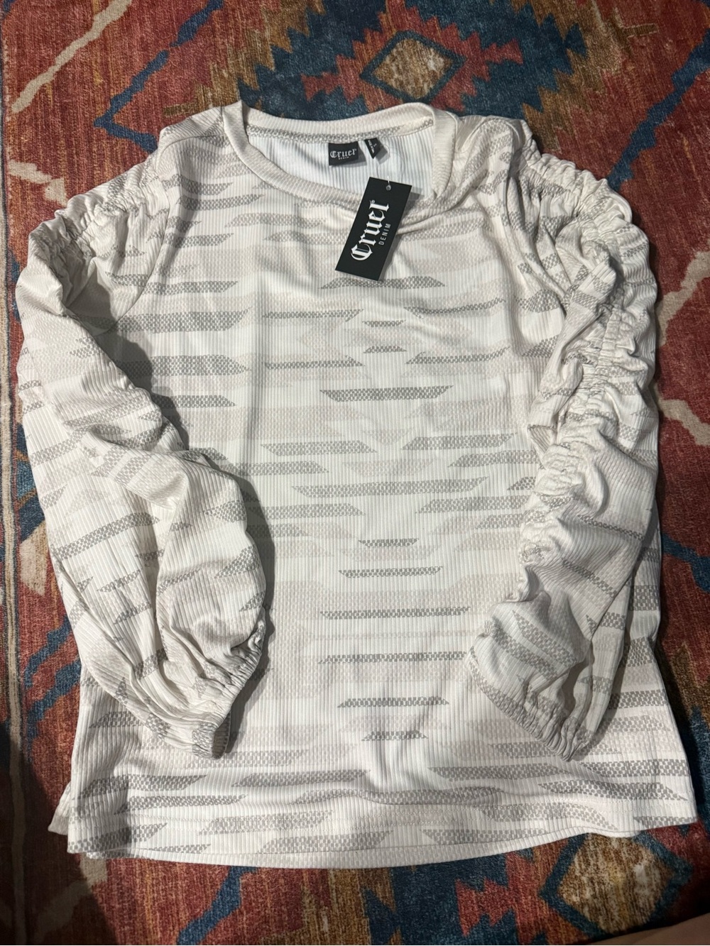 C/Meo Collective White Patterned Ruched Sleeve Top